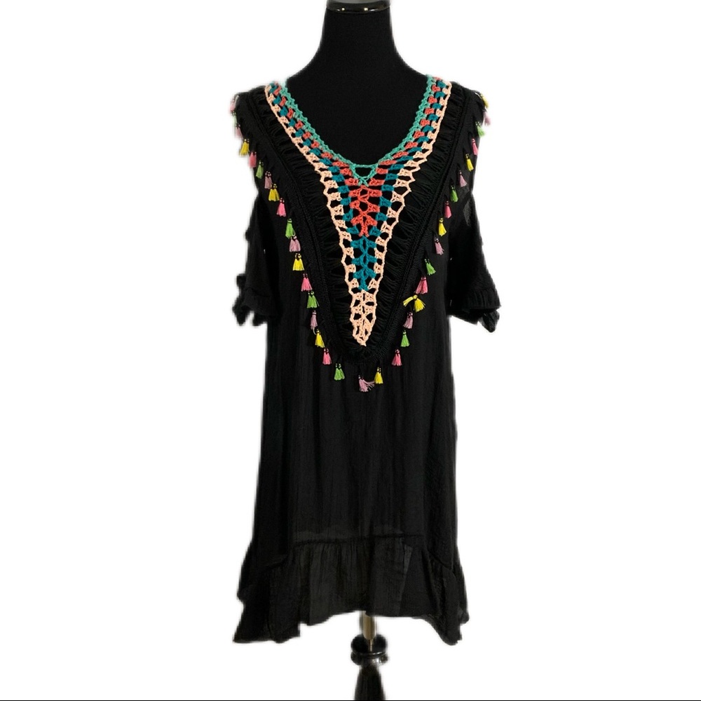 Beach By Exist SZ L/XL Black Crocheted Fringed Cold Shoulder Cover Up Dress